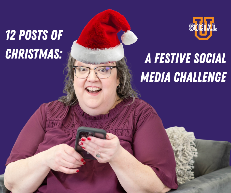 A woman holding a phone with a Christmas hat.