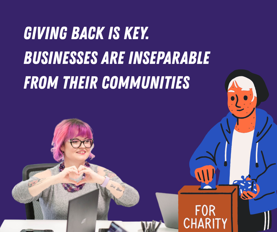 A woman holding her hands in the symbol of a heart while an individual gives money to charity.